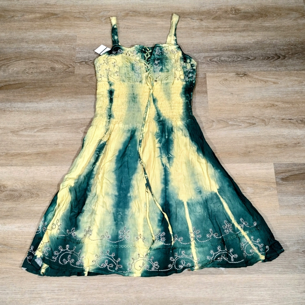 Fairycore Tie-Dye Midi Dress 🌼 | Lace-Up | S/M Smocked | Floral Embroidered Y2K